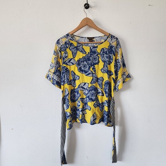 Womens Vineet Bahl Small Floral Short Sleeve Tie Waist Yellow Blue - Picture 2 of 9